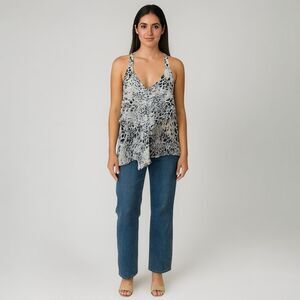 Loila Black & White Sheer Leopard Animal Print V Neck Blouse Tank Top size L